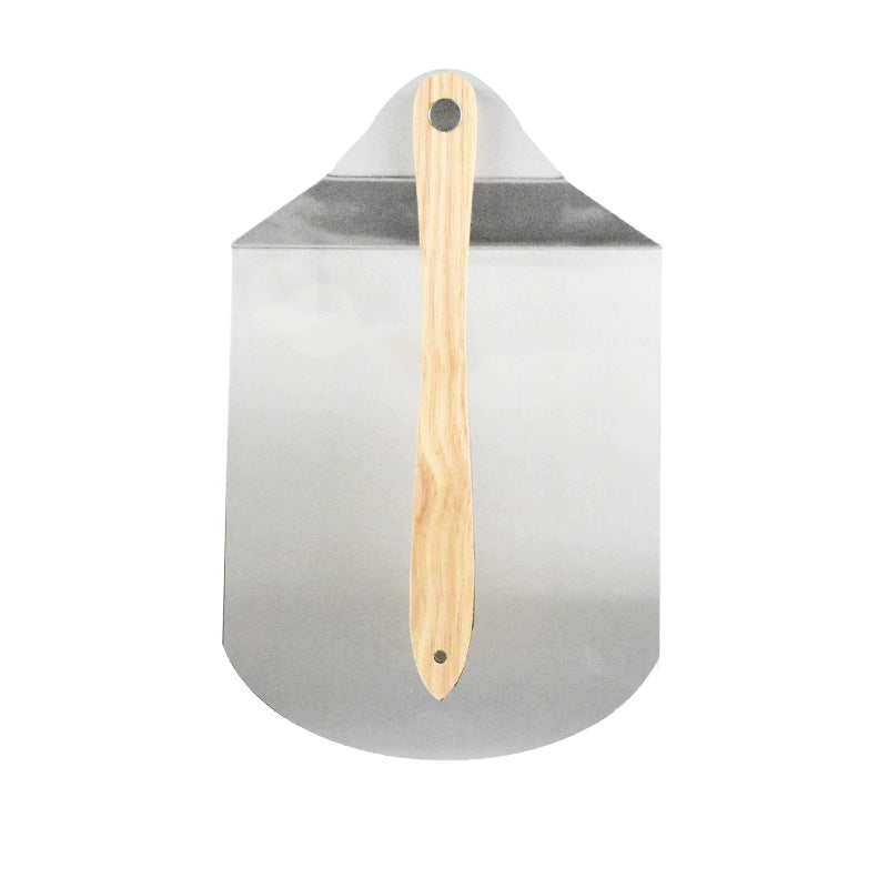 large round stainless steel pizza paddle with beveled edge and full-length wooden handle Stornfield