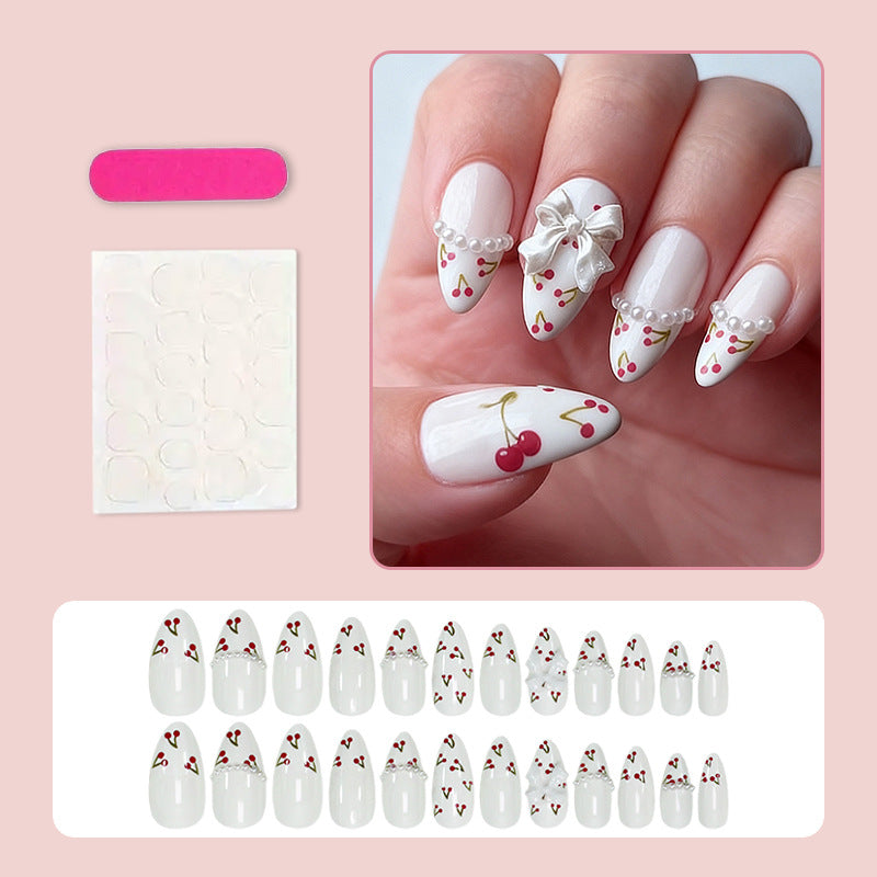 Artificial nail set with floral cherry motifs and elegant ribbons Stornfield