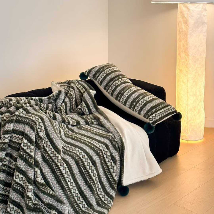 Large Reversible Plush Blanket with Sherpa Lining and Pom Pom Corners