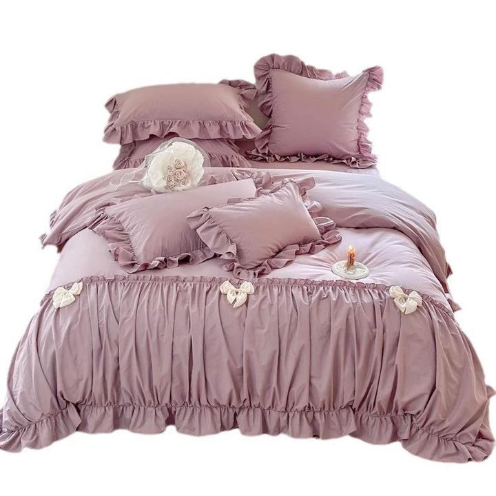 Ruffled Cotton Sateen Romantic Duvet Cover Ensemble with Gathered Skirt & Bow Accents