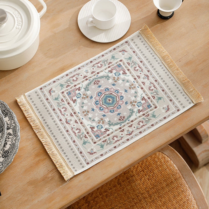 Short-pile decorative bathroom and runner carpet in oriental medallion style with fringes Stornfield