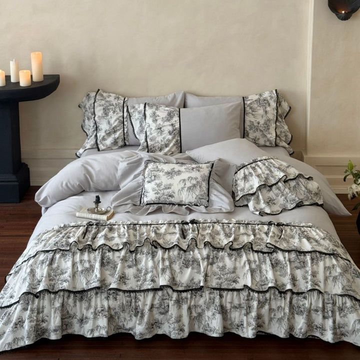 Ruffled Toile Floral Duvet Cover Set with Layered Ruffle Bed Skirt & Decorative Shams