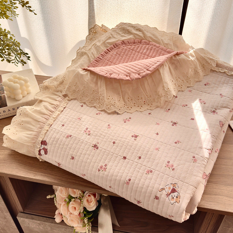 Quilted Floral Reversible Throw Blanket with Eyelet Lace Ruffle