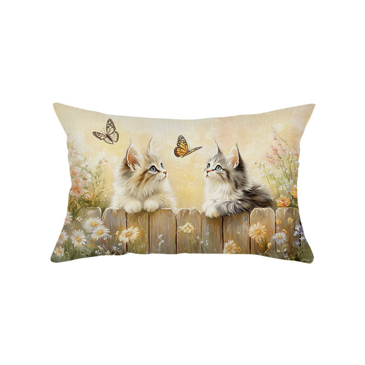 Decorative Rectangular Cotton-Linen Pillow Cover with Kitten Garden Illustration