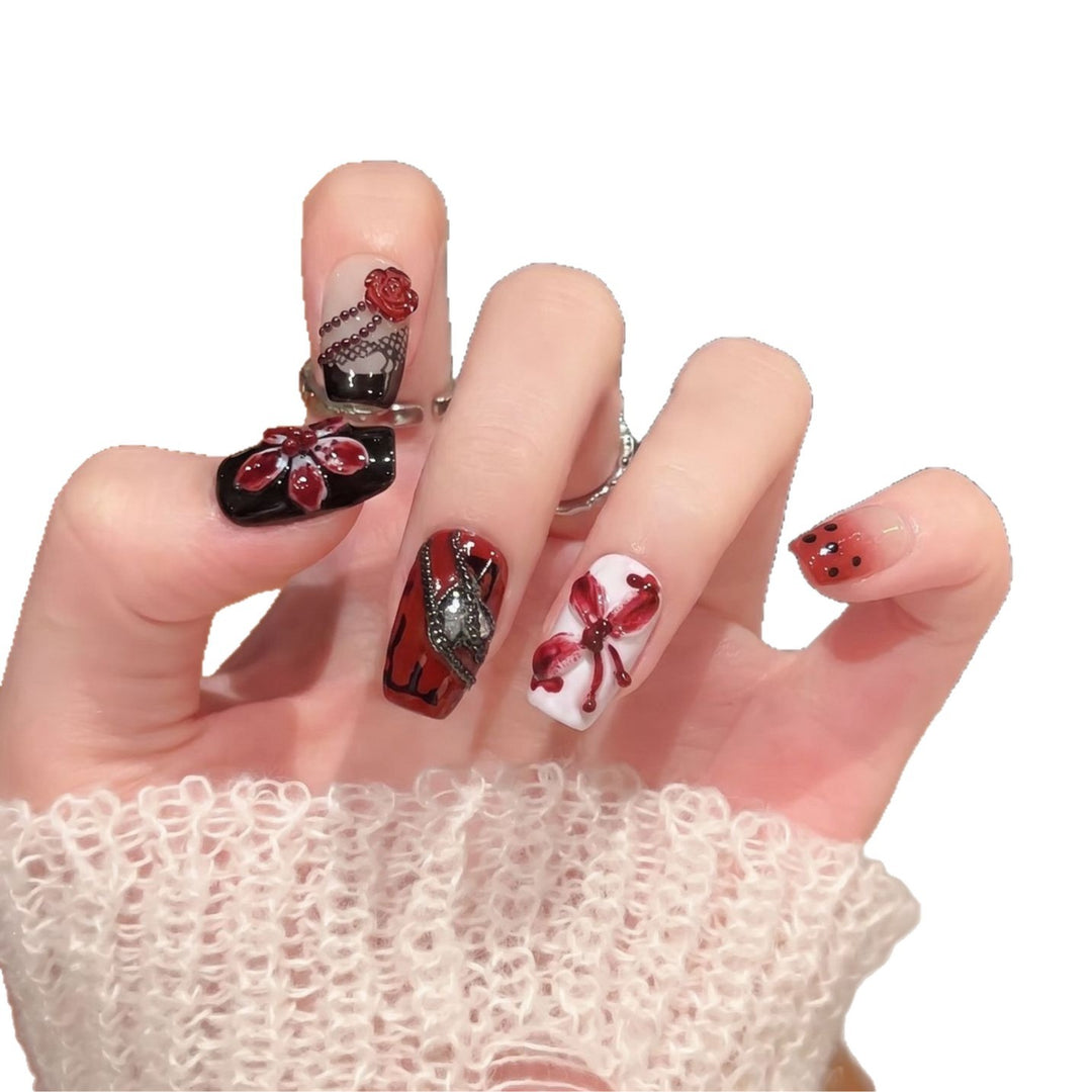 Artistic Nail Decoration Press-On Set with Unique Floral and Gemstone Designs Stornfield