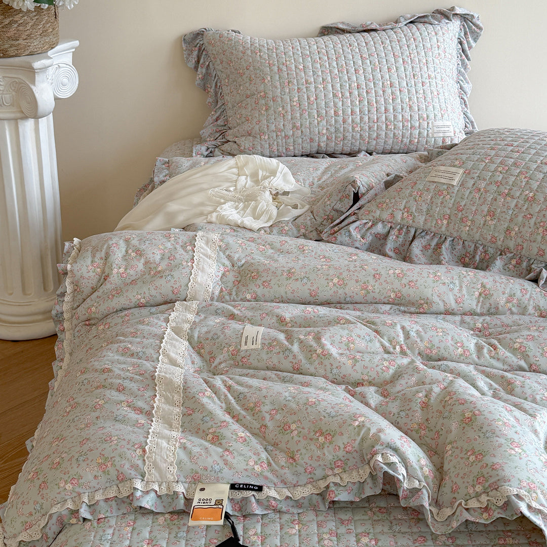 Quilted Floral Cotton Ruffle Duvet and Sham Set