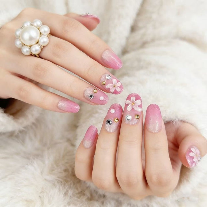 Artificial nails with elegant flower and rhinestone design Stornfield