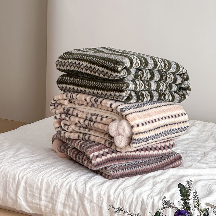 Large Reversible Plush Blanket with Sherpa Lining and Pom Pom Corners
