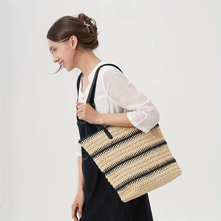 Elegant Raffia Shopping Bag with Leather Handles Stornfield