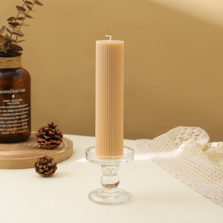 Ribbed Decorative Pillar Candle with Crystal Glass Pedestal Holder