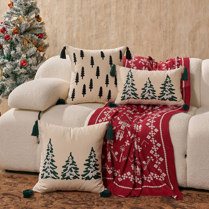 Embroidered Pine Tree Square Throw Pillow with Corner Tassels