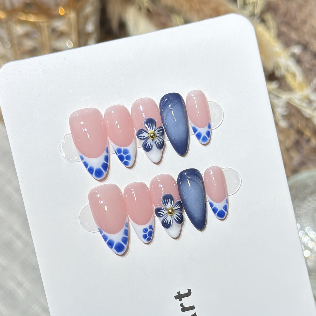 Artistic Press-On Nail Set with Floral and Geometric Accents Stornfield