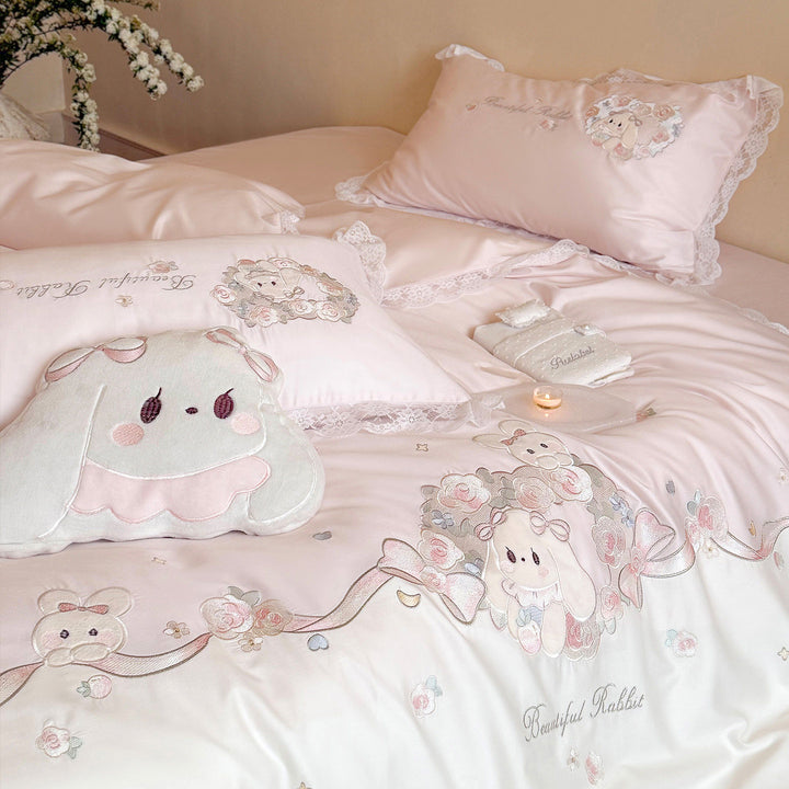 Children's Embroidered Bunny Cotton Duvet Cover Set with Lace-Trim Pillow Shams & Plush Decorative Cushion