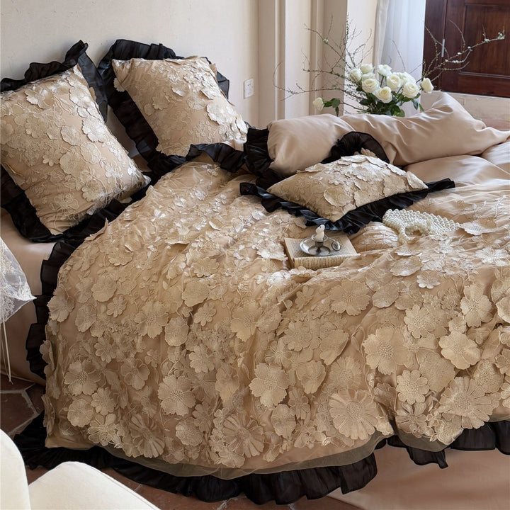 3D Floral Lace Appliqué Ruffled Duvet Cover Set