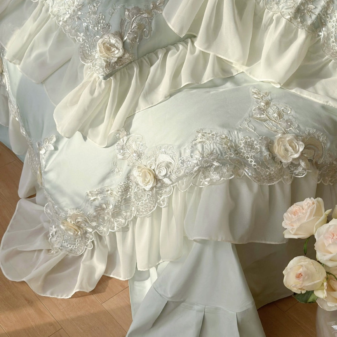 Luxurious embroidered bedding set with ruffles and lace
