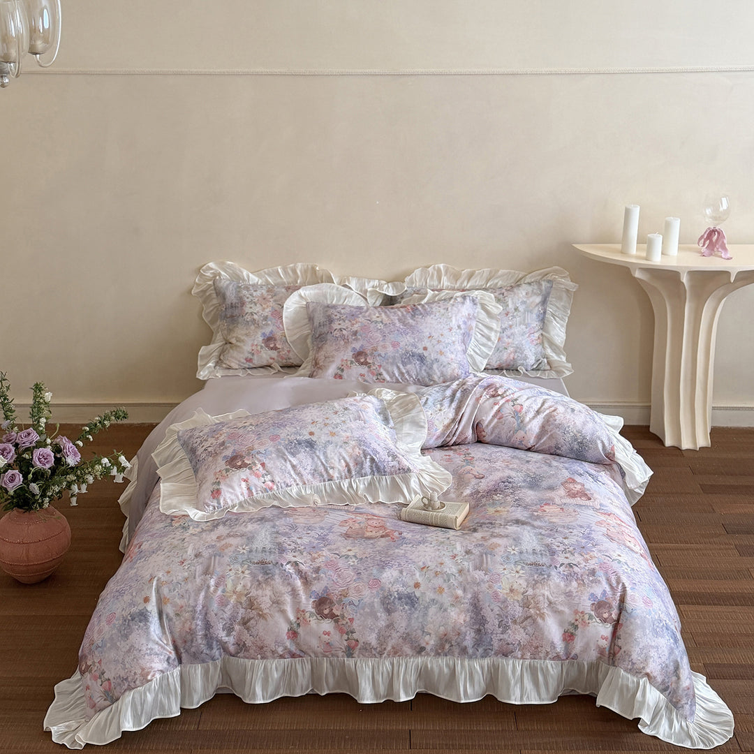Romantic cotton satin bedding set with watercolor floral pattern and gathered satin ruffle
