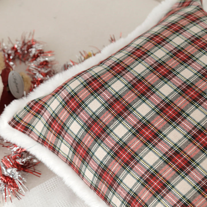 Plaid Holiday Decorative Throw Pillow with Embroidered Snowflake Motif and Hidden Zipper
