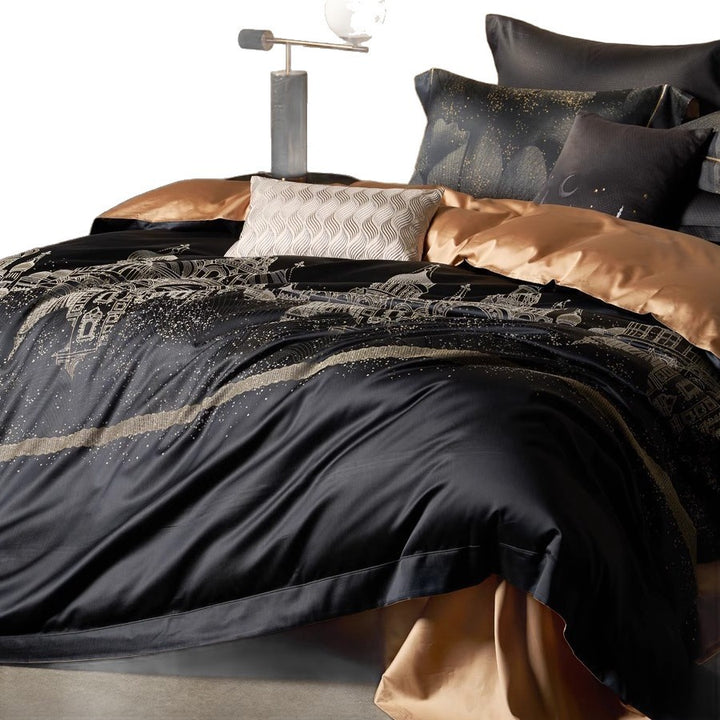 Silk-Effect Cityscape Duvet Cover Set with Metallic Foil Detailing