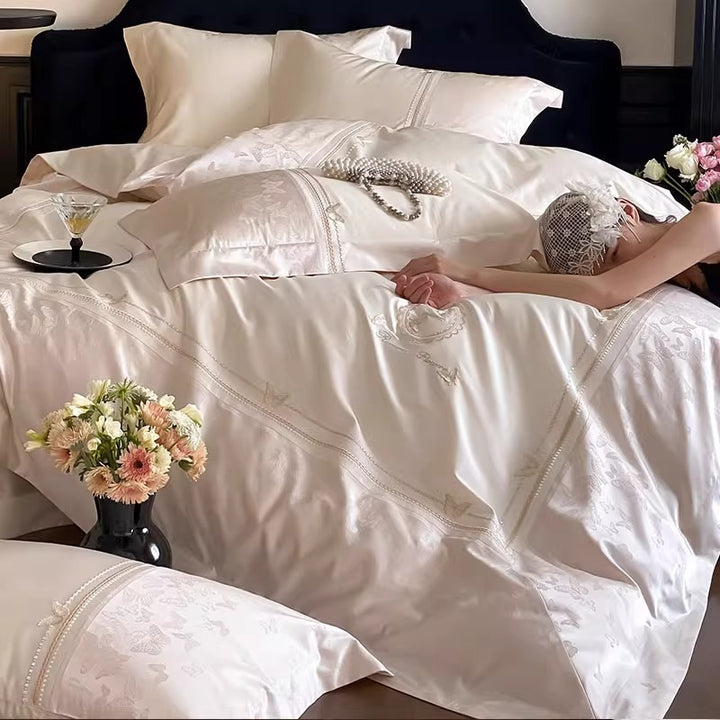 Silky Embroidered Butterfly Jacquard Duvet Cover Set with Decorative Pillow Shams
