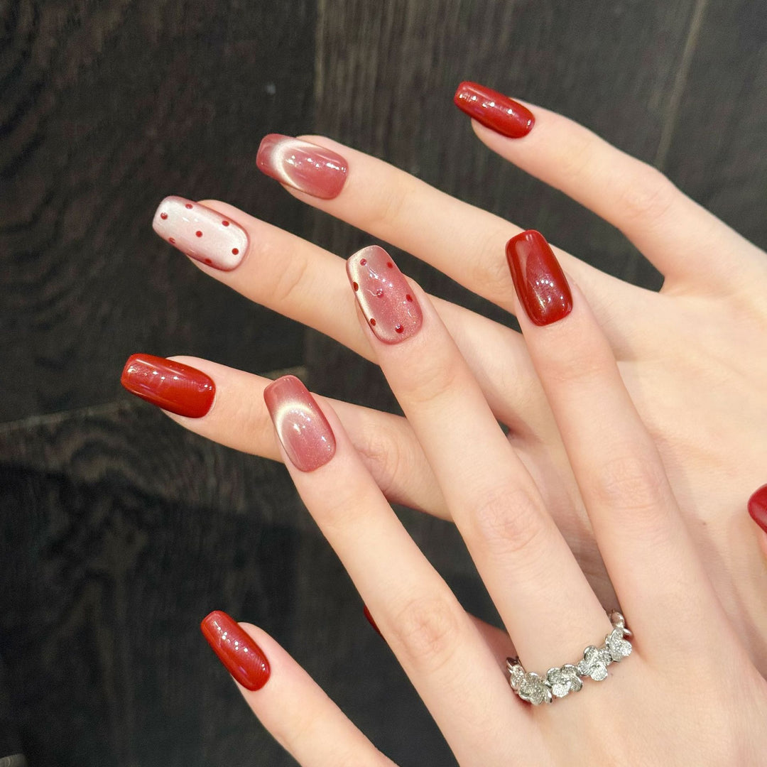 Decorative Press-On Nail Art Set with Elegant Gradient and Polka Dot Patterns