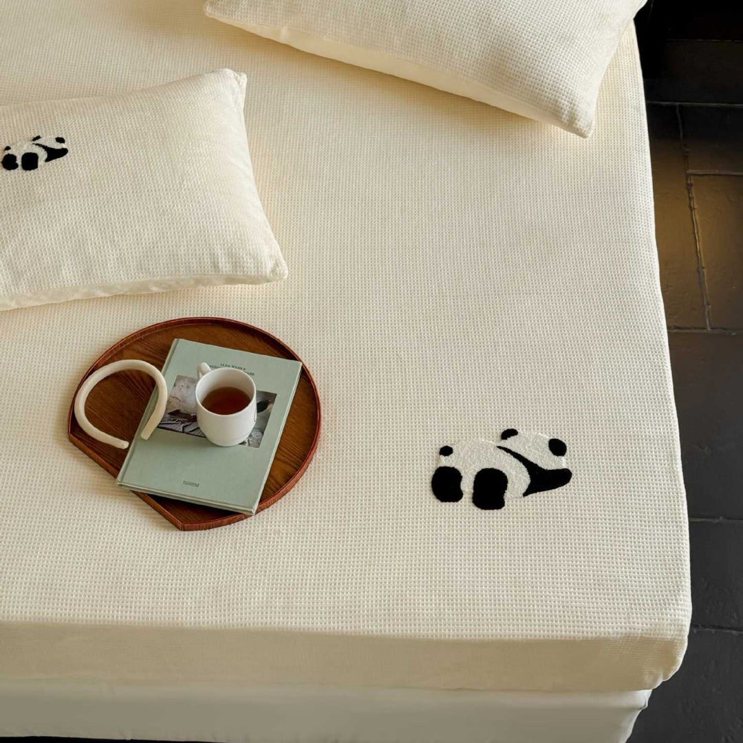 Corduroy Textured Fitted Bed Sheet and Pillowcase Set with Embroidered Panda Accents