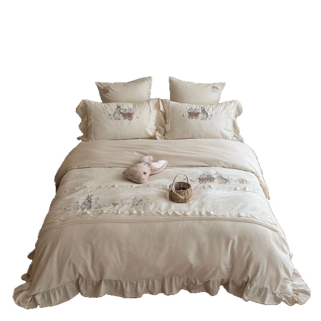 Reversible Embroidered Ruffled Cotton Duvet Cover Set with Bunny & Wagon Motif