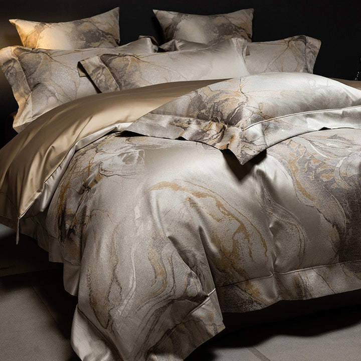 Luxury Marble-Print Satin Duvet Cover Set with Pillow Shams & Hidden Zipper