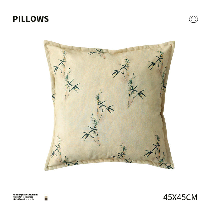 Square decorative cushion with bamboo print and cotton-linen cover