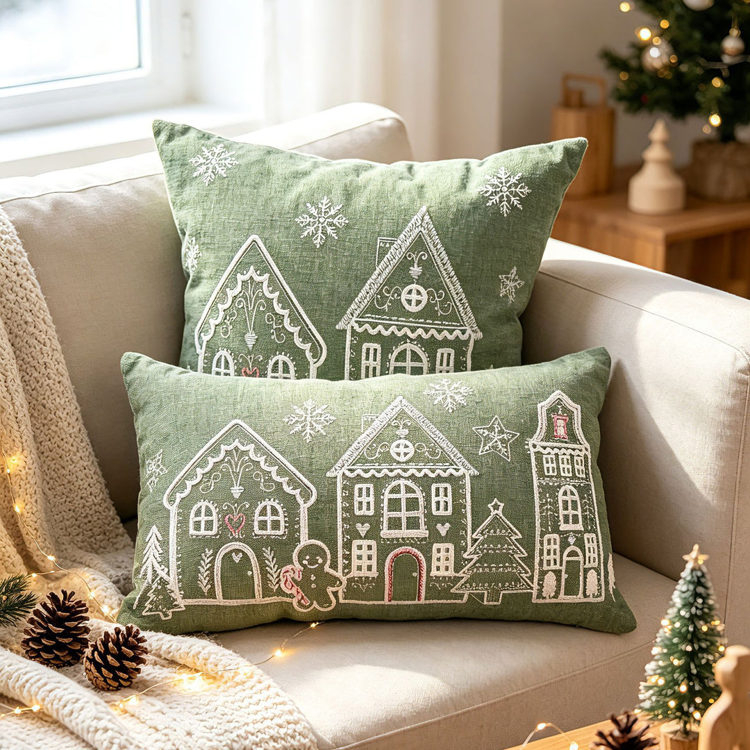 Christmas Gingerbread House Embroidered Velvet Lumbar Pillow Cover