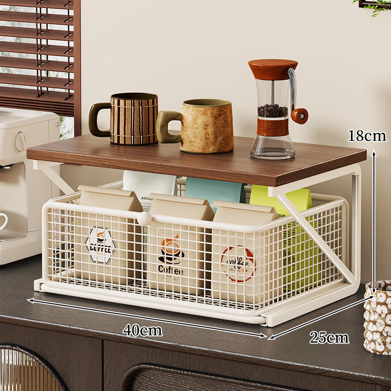 Countertop Coffee Station Organizer with Wooden Top and Metal Wire Basket