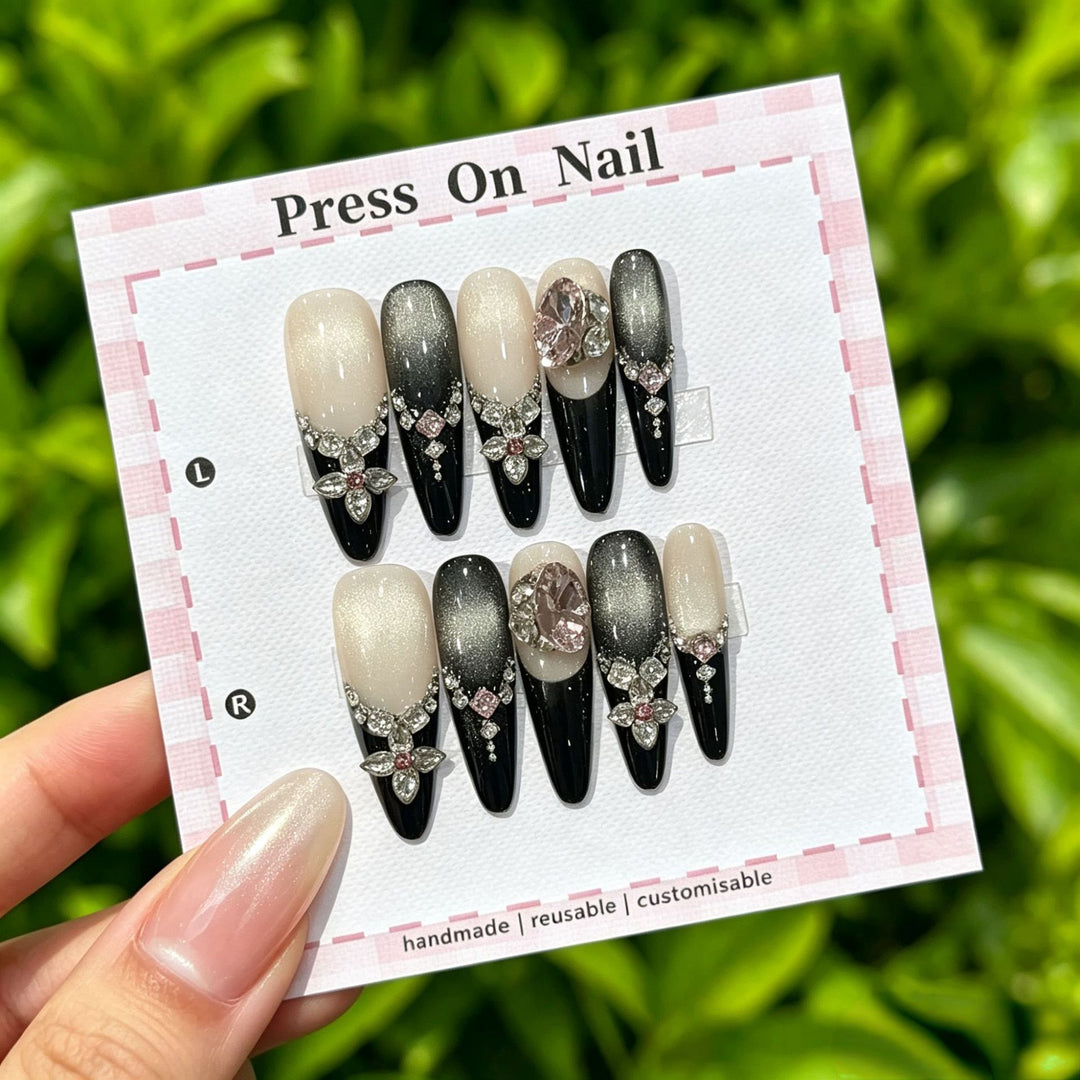 Decorative Press-On Nail Set with Gem Accents  1791774365