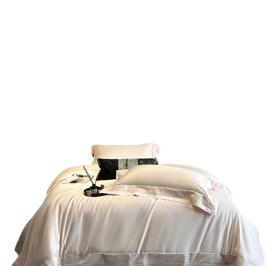 Premium cotton satin bedding set with integrated lace trim and delicate floral embroidery