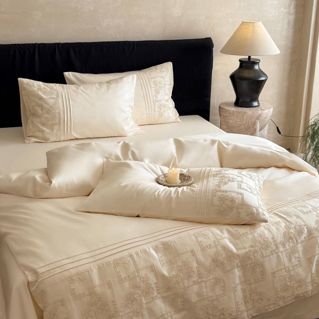 Matelassé Embroidered Cotton Duvet Cover Set with Pintuck Border & Decorative Pillow Shams