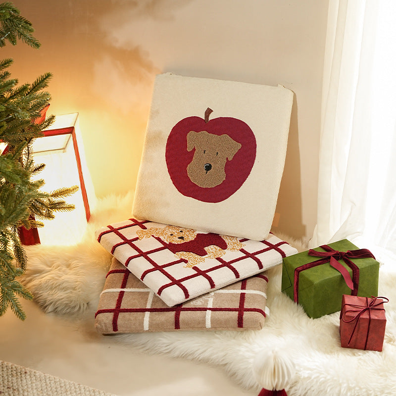 Square seat cushion with appliquéd dog motif, padded filling and attachment straps