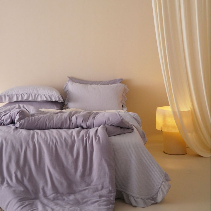 Reversible Washed Cotton Duvet Cover Set with Ruffled Edge and Plush Down-Alternative Comforter