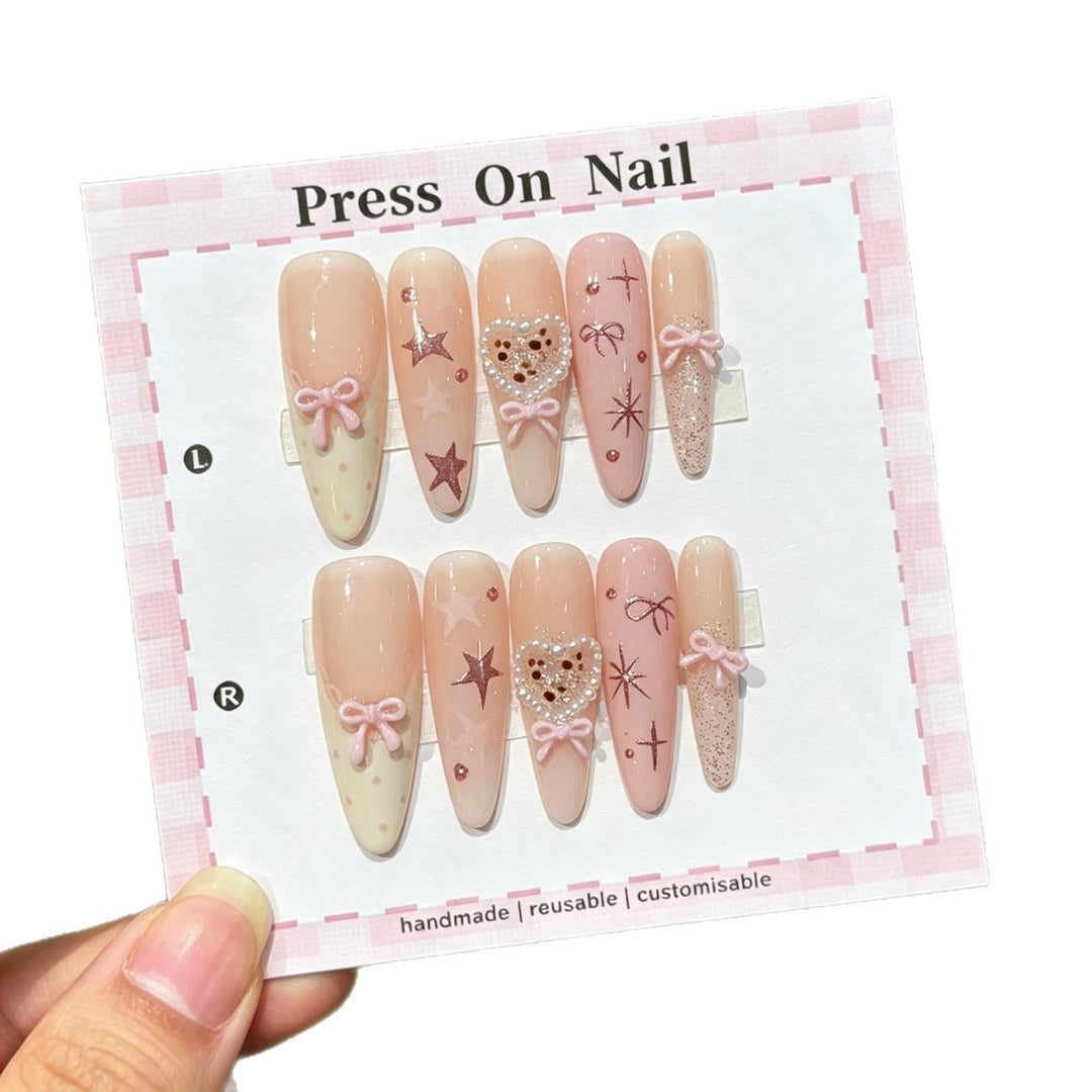Decorative Press-On Nail Art Set with Bow and Heart Designs