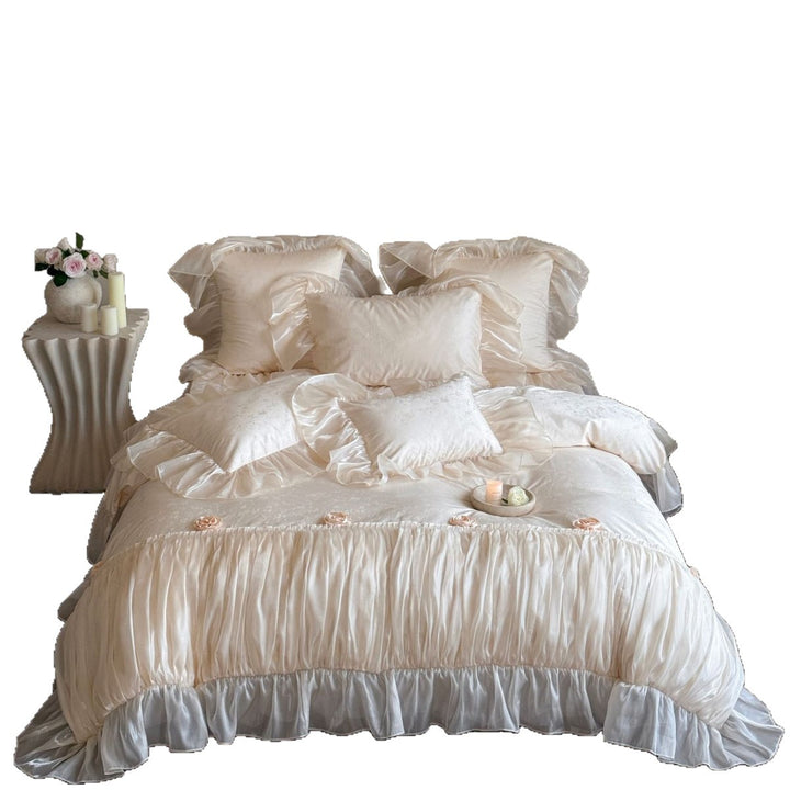 Luxurious Ruffled Satin-Effect Duvet Cover Set with Rosette Accents & Layered Ruffle Skirt