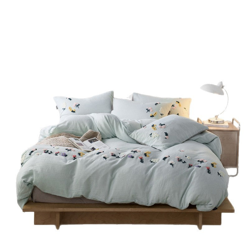 Hand-Tufted Floral Appliqué Linen Duvet Cover and Pillow Sham Set