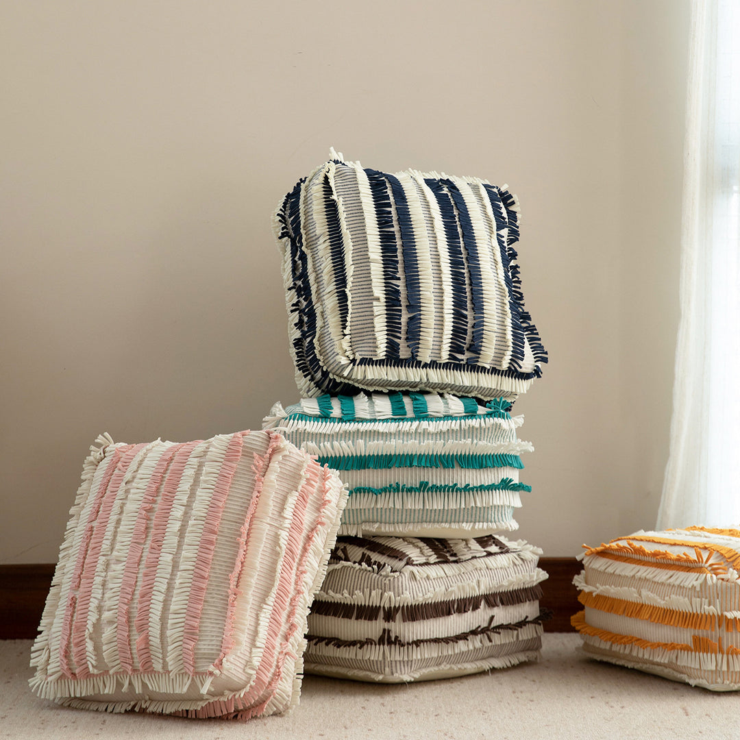 Boho-Pouf floor cushion with textured fringe surface