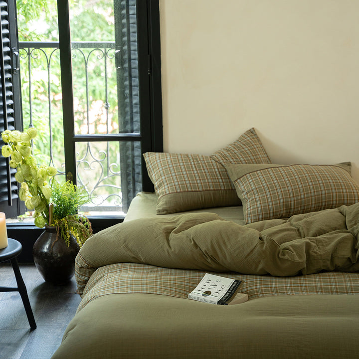 Washed Linen-Cotton Duvet Cover Set with Plaid Accent Pillow Shams