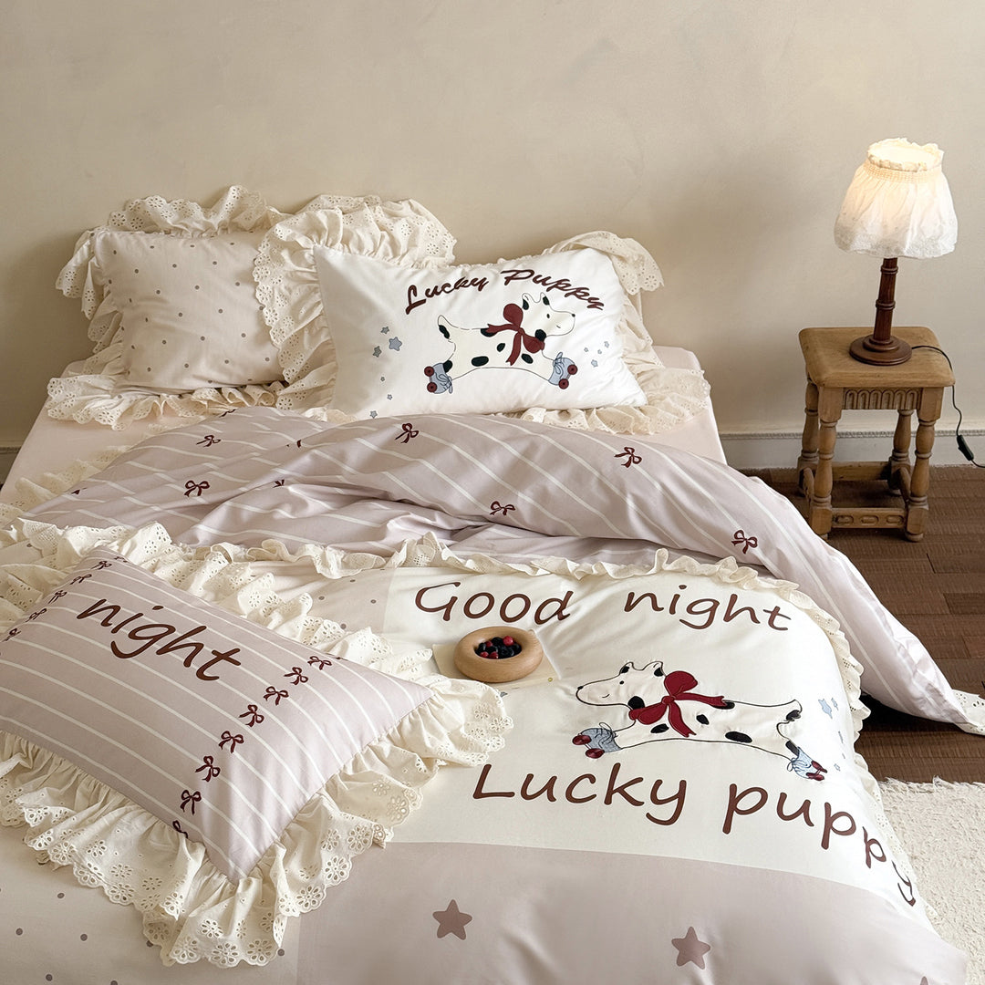 Ruffled Cotton Duvet Cover Set with Puppy Print and Eyelet Lace Trim