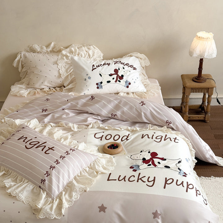 Ruffled Cotton Duvet Cover Set with Puppy Print and Eyelet Lace Trim