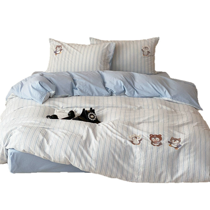 Striped Cotton Duvet Cover Set with Appliqué Cartoon Animal Embroidery