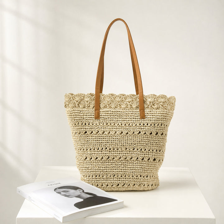 Beach bag with handcrafted crochet pattern and leather handles Stornfield
