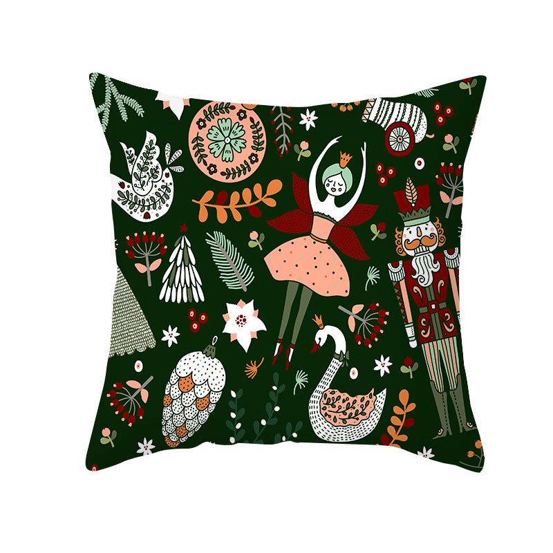 Square Linen-Blend Holiday Cushion Cover with Nutcracker & Vintage Ornament Print