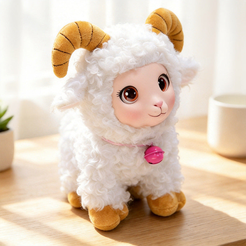 Plush Ram Keychain Charm with Curly Faux-Fur, Sculpted Face, Bell Necklace and Metal Ring Stornfield
