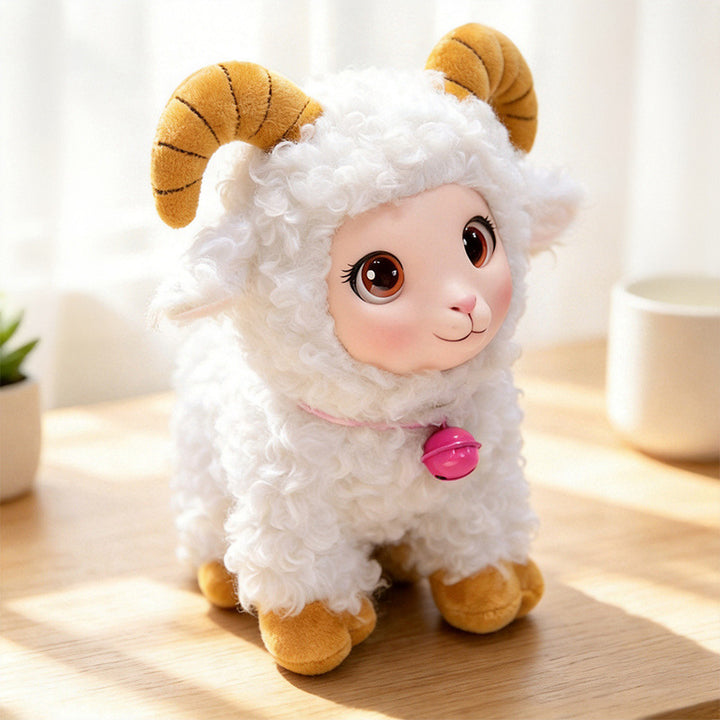 Plush Ram Keychain Charm with Curly Faux-Fur, Sculpted Face, Bell Necklace and Metal Ring Stornfield