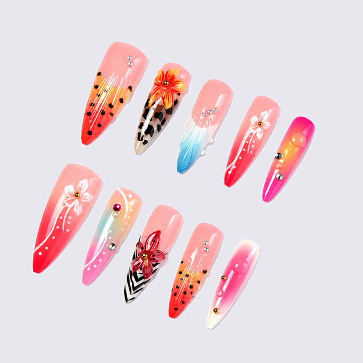 Artistic Premium Press-On Nail Set with Floral and Animal Designs Stornfield