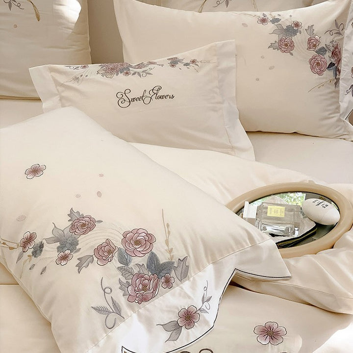 Floral Embroidered Cotton Duvet Cover Ensemble with Scalloped Border & Decorative Shams