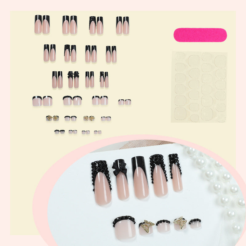 Elegant Press-On Nail Art Set with Decorative Bows and Crystal Accents Stornfield